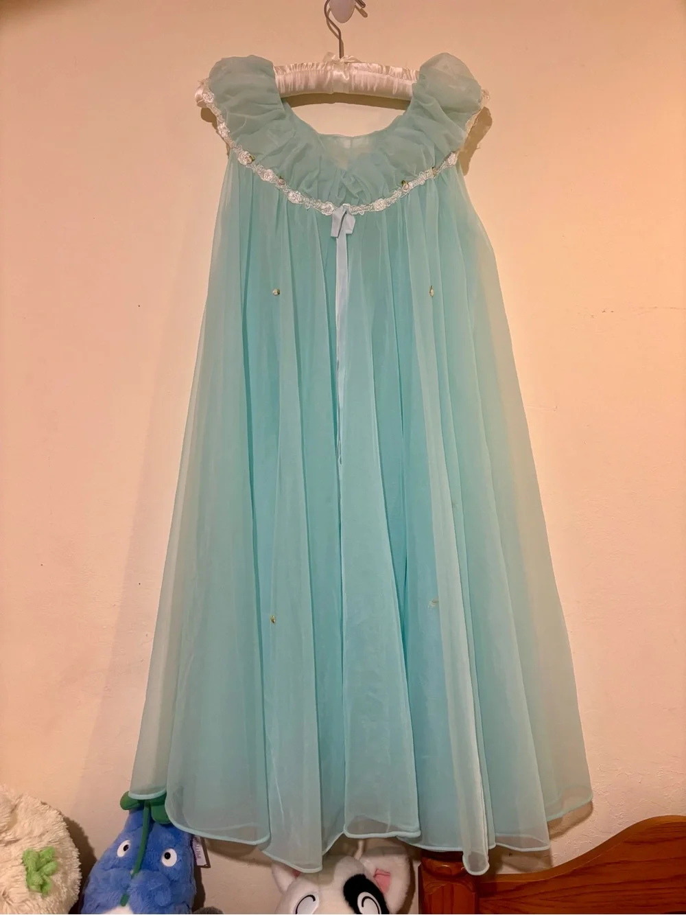 Vintage 1950’s Dreamy Light Aqua Tulle Nylon Chiffon Nightgown & Robe Set